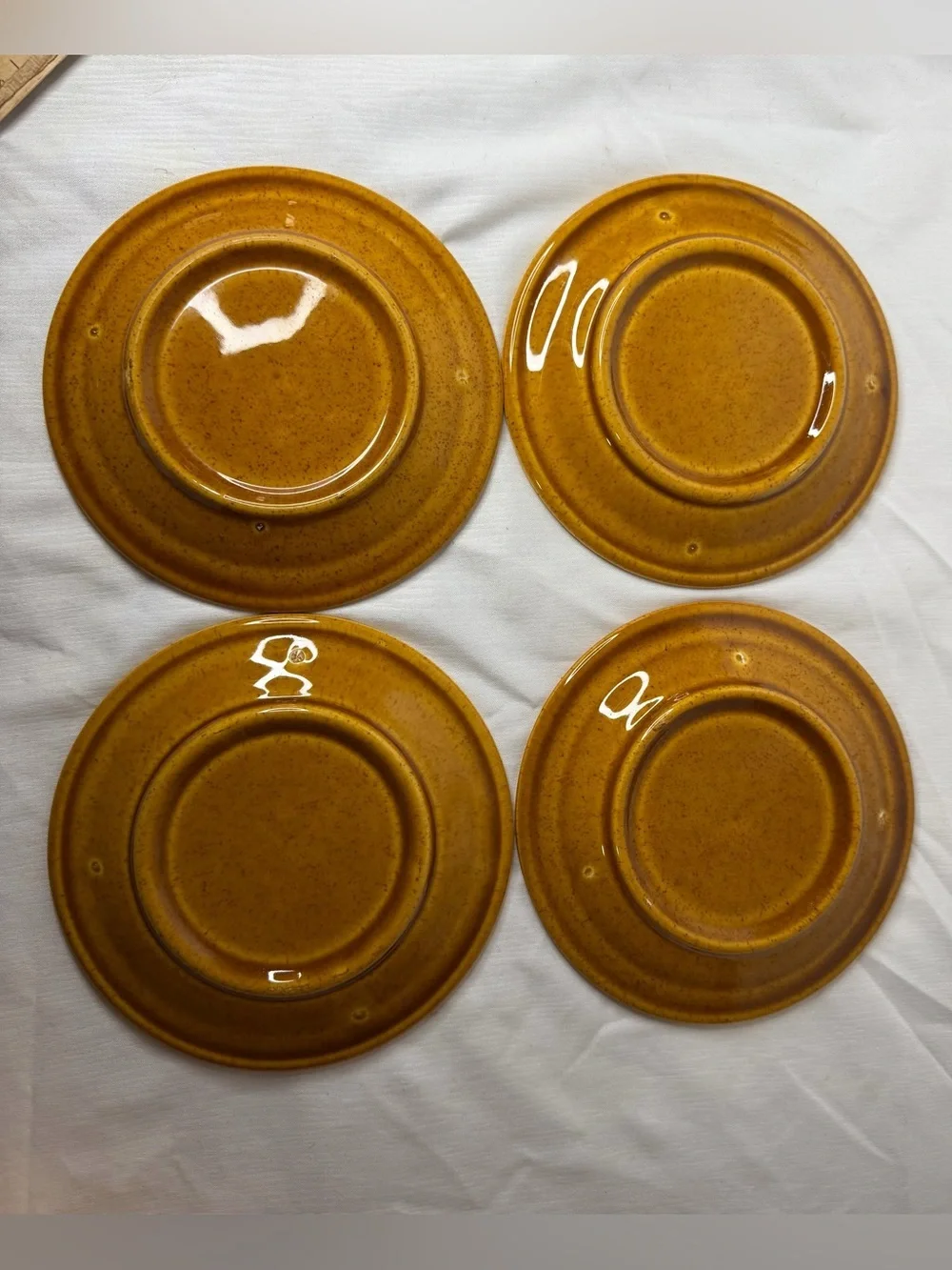 Vintage Set of 4 Mustard Yellow Speckled Stoneware Saucers – 6